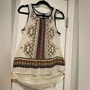 Daniel Rainn Flowy Layered Earth Tone Aztec Print Sleeveles Blouse Button Size S